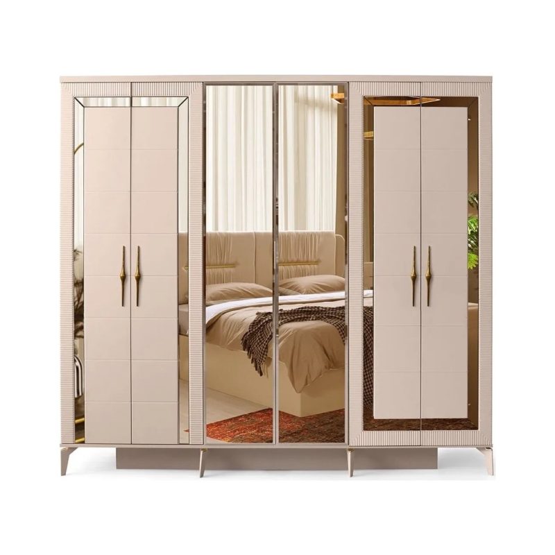 Avm 24 Stockholm Gardırop-Mdf-Kum Beji-240x60x220cm-6 Kapak-Aynalı Kapak-Ücretsiz Nakliye Ve Montaj