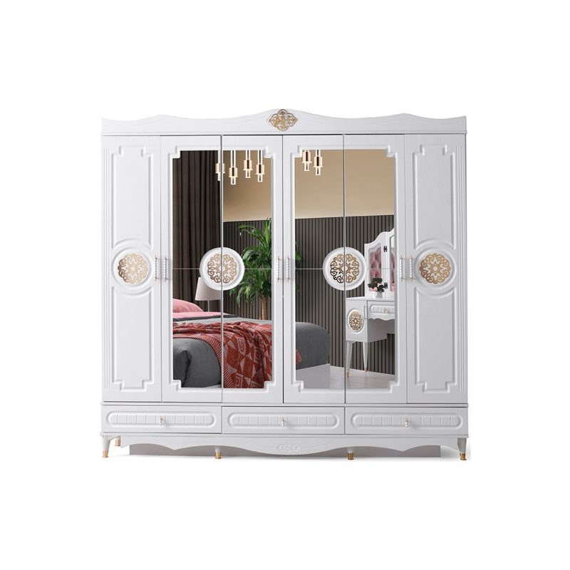 Avm 24 Viyana Gardırop-Mdf-Beyaz-240x60x220cm-6 Kapak-Aynalı Kapak-Ücretsiz Nakliye Ve Montaj