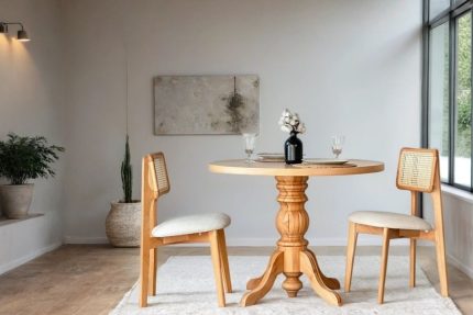 BONNİE AHŞAP YUVARLAK MASA TAKIMI, NATURAL 2 SANDALYELİ, 90X90