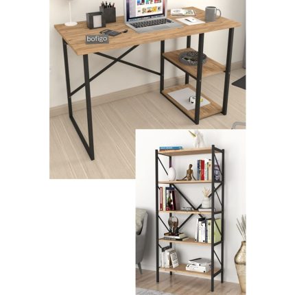 Bofigo 2 Raflı Çalışma Masası Bilgisayar Masası Ofis Ders Masası + 5 Raflı Kitaplık Metal Kitaplık