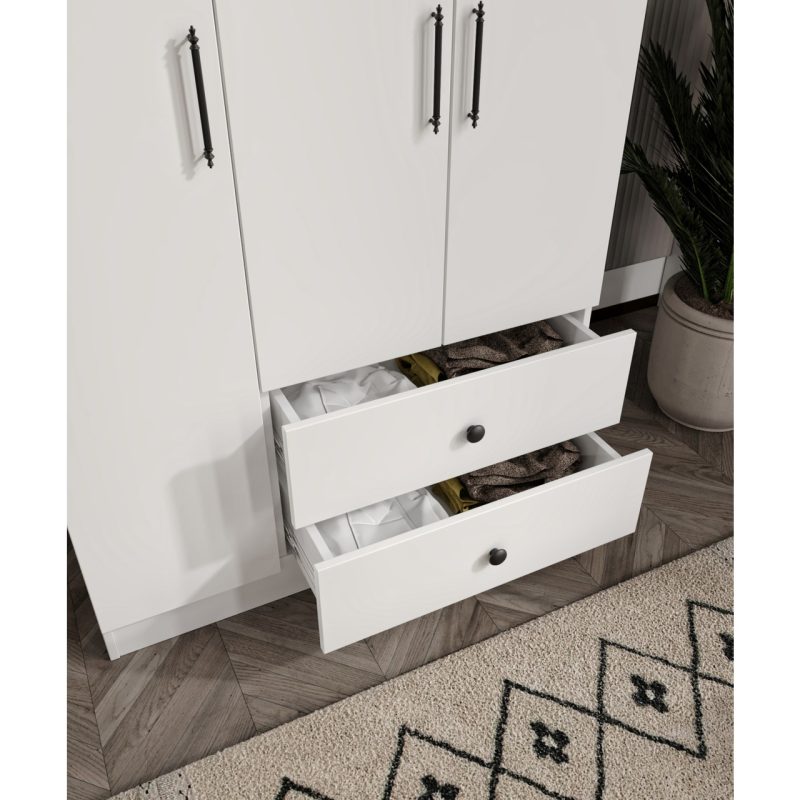 Cabinse %100 Mdf 3 Kapaklı 2 Çekmeceli 7 Bölmeli Elbise Dolabı Gardırop Soft Beyaz Kolay Kurulum Animasyonu – Cabinse