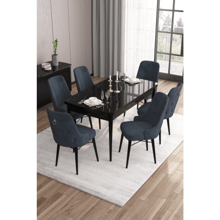 Canisa Concept Are SERISI 80 x 132 cm Mdf Açılabilir  Mermer Desen Masa Takımı  6 Sandalye Gümüş Halkalı