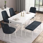 Canisa Concept Are Serisi 80 x 132 cm Açılabilir Benchli Mdf Beyaz  Mutfak Masa Takımı 4 Sandalye 1 Bench