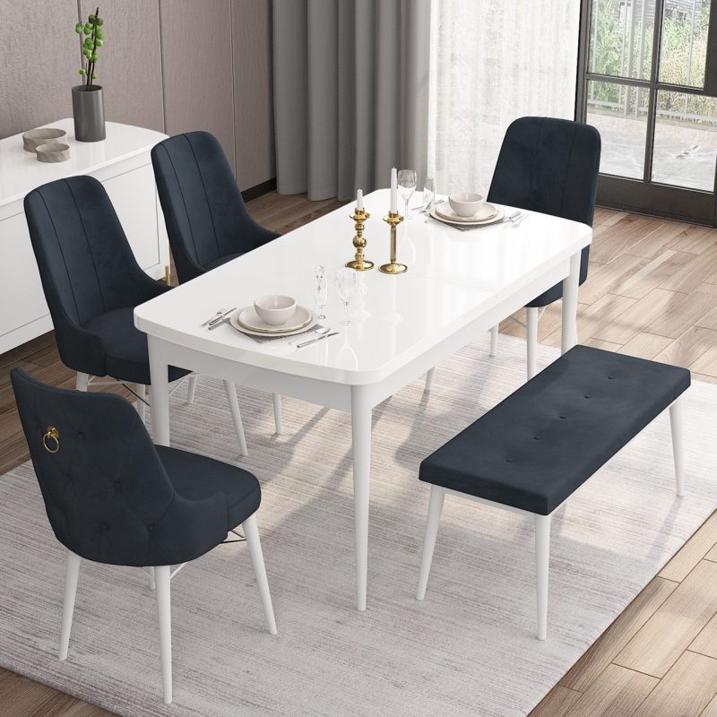 Canisa Concept Are Serisi 80 x 132 cm Açılabilir Benchli Mdf Beyaz  Mutfak Masa Takımı 4 Sandalye 1 Bench