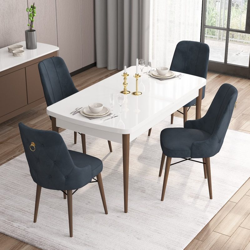 Canisa Concept Are Serisi, 80X132 Açılabilir Mdf Beyaz Masa Ceviz Ayak Masa Takımı, 4 Sandalye