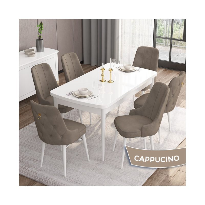Canisa Concept Are Serisi, 80X132 Açılabilir Mdf Masa, Beyaz Mutfak Masa Takımı, 6 Sandalye