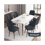 Canisa Concept Are Serisi Mdf 80 x 132 cm Açılabilir Beyaz Masa Ceviz Ayak Mutfak Masası Takımı 6 Sandalye Gümüş Halkalı