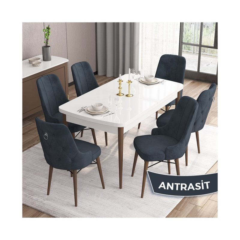 Canisa Concept Are Serisi Mdf 80 x 132 cm Açılabilir Beyaz Masa Ceviz Ayak Mutfak Masası Takımı 6 Sandalye Gümüş Halkalı