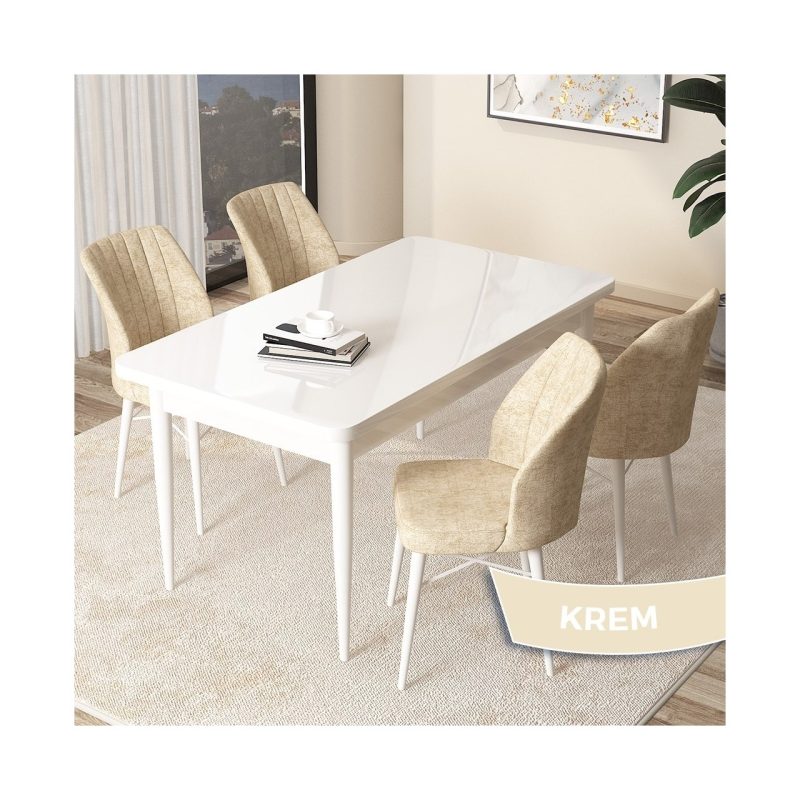 Canisa Concept Arp Serisi, Beyaz Masa 70 x 110 cm Sabit Mutfak Masası Takımı, 4 Sandalye
