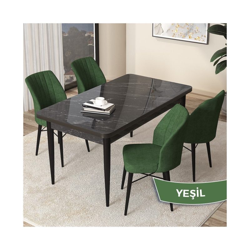 Canisa Concept Arp Serisi,  Mermer Desen Masa 71 x 110 cm Sabit Mutfak Masası Takımı, 4 Sandalye