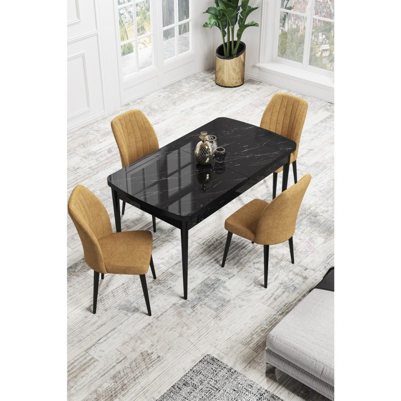 Canisa Concept Canisa Rio Serisi 80 x 132 cm Mdf Açılabilir Siyah Mermer Desen Mutfak Masa Takımı + 4 Adet Sandalye