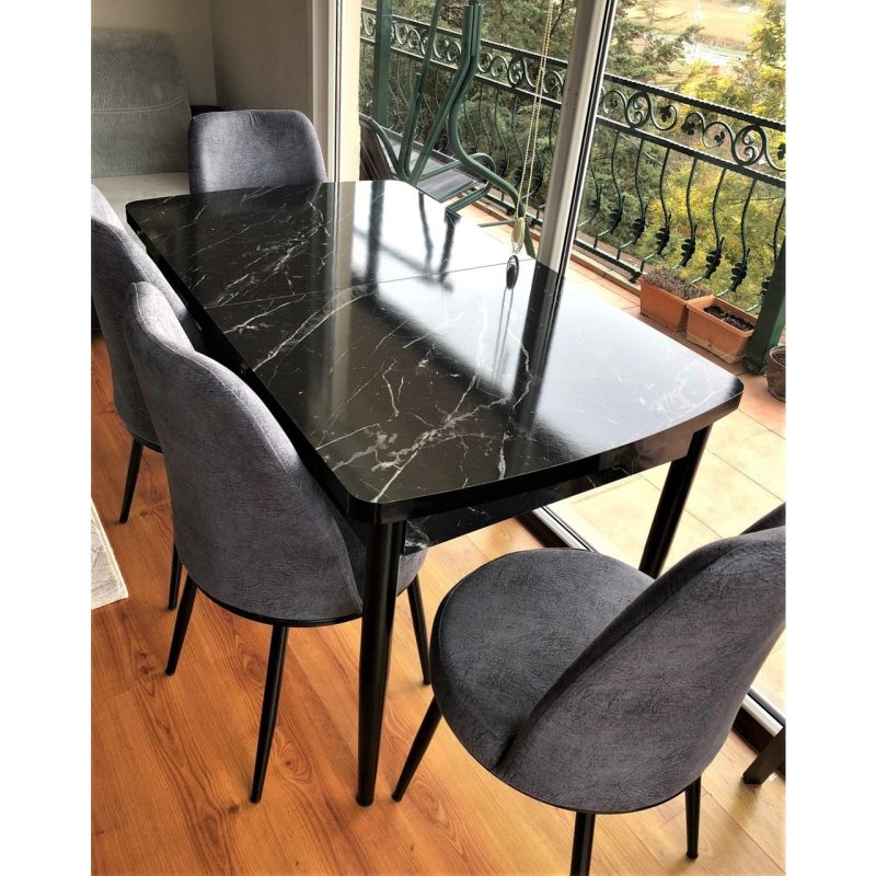 Canisa Concept Canisa Via Açılabilir Siyah Mermer Desen  Mutfak Masası Takımı Masa+4  Füme Sandalye