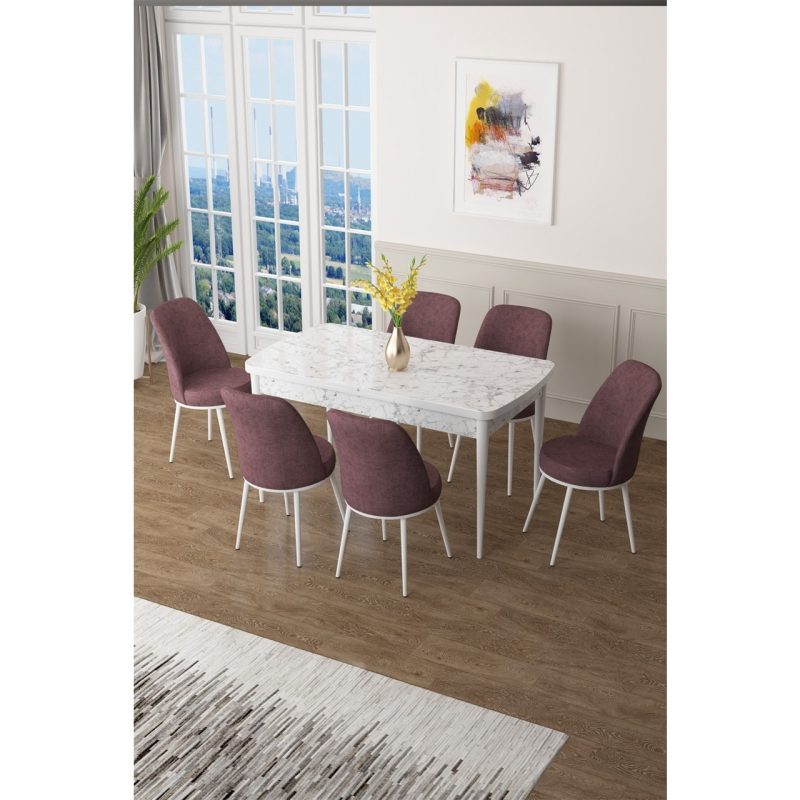 Canisa Concept Canisa Zen Serisi Açılabilir Mdf Beyaz Mermer Desen Mutfak Masa Takımı+6 Adet Sandalye (80 x 132 Cm)