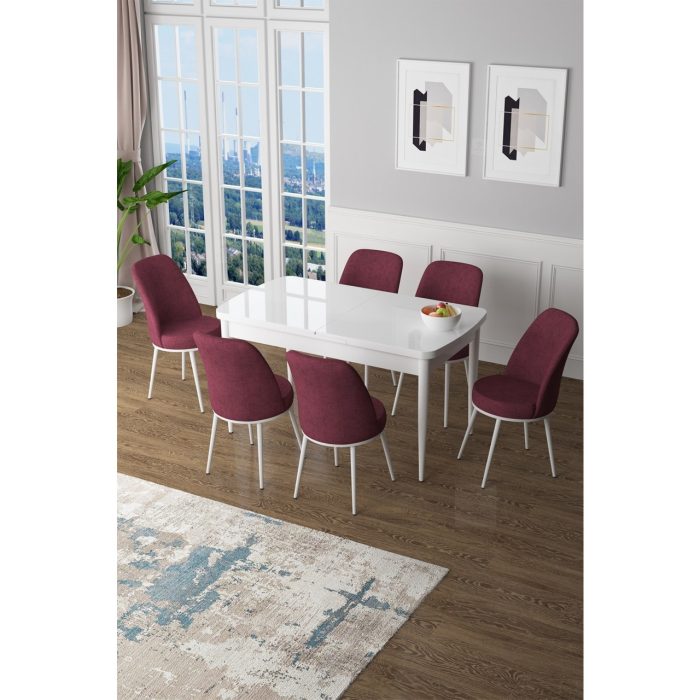 Canisa Concept Canisa Zen Serisi Açılabilir Mdf  Beyaz Mutfak Masa Takımı+6 Adet Sandalye (80 x 132 Cm)