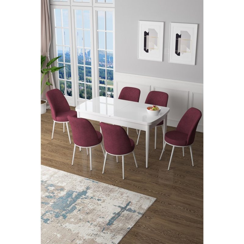 Canisa Concept Canisa Zen Serisi Açılabilir Mdf  Beyaz Mutfak Masa Takımı+6 Adet Sandalye (80 x 132 Cm)