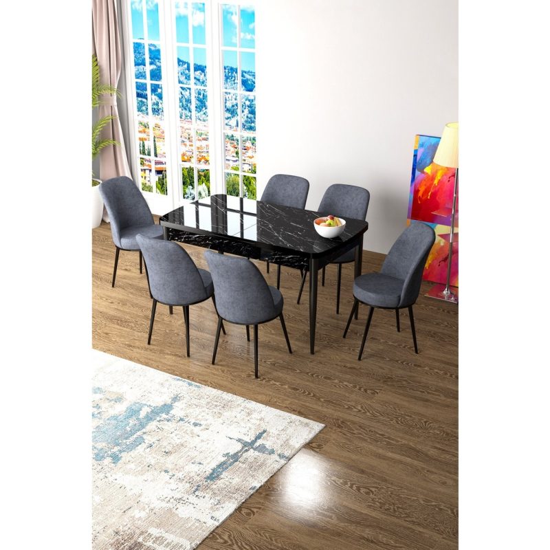 Canisa Concept Canisa Zen Serisi Açılabilir Mdf  Mermer Desen Mutfak Masa Takımı+6 Adet Sandalye (80 x 132 Cm)