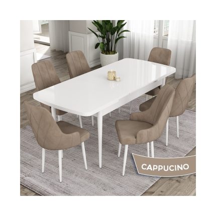 Canisa Concept Eta Serisi 80 x 132 cm Açılabilir Mdf Mutfak Masa Takımı Beyaz Masa 6 Sandalye