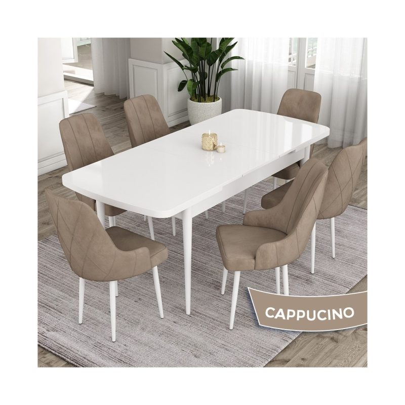 Canisa Concept Eta Serisi 80 x 132 cm Açılabilir Mdf Mutfak Masa Takımı Beyaz Masa 6 Sandalye