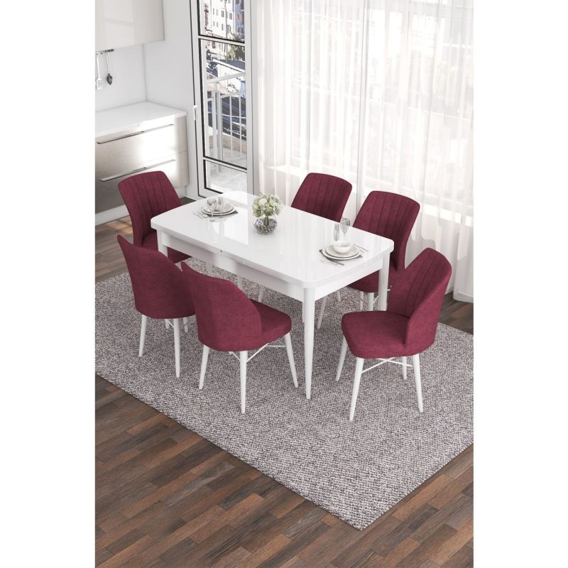 Canisa Concept Eva Serisi 80 x 132 cm  Açılabilir Mdf Mutfak Masa Takımı Beyaz Masa ve 6 Sandalye