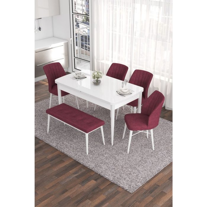 Canisa Concept Eva Serisi 80 x 132 cm Benchli Açılabilir Mdf Mutfak Masa Takımı Beyaz Masa ve 4 Sandalye