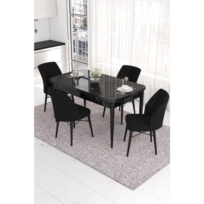 Canisa Concept Eva Serisi, 80X132  Açılabilir Mdf Mutfak Masa Takımı, Siyah Mermer Desen Masa , 4 Sandalye