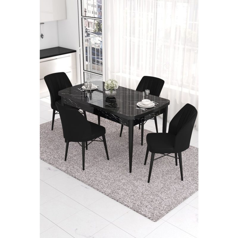 Canisa Concept Eva Serisi, 80X132  Açılabilir Mdf Mutfak Masa Takımı, Siyah Mermer Desen Masa , 4 Sandalye