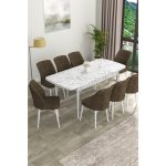 Canisa Concept Eva Serisi Mdf Beyaz Mermer  Desenli Açılabilir Mutfak Masa Takımı/beyaz Mermer Desenli Masa + 8 Adet Sandalye