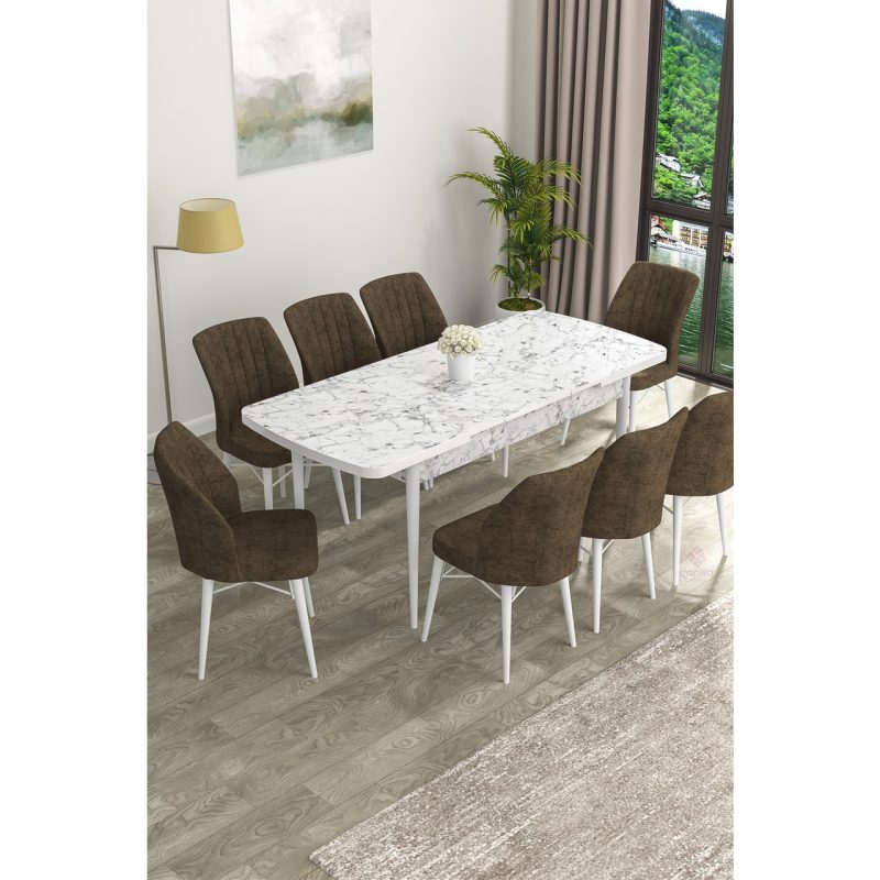 Canisa Concept Eva Serisi Mdf Beyaz Mermer  Desenli Açılabilir Mutfak Masa Takımı/beyaz Mermer Desenli Masa + 8 Adet Sandalye