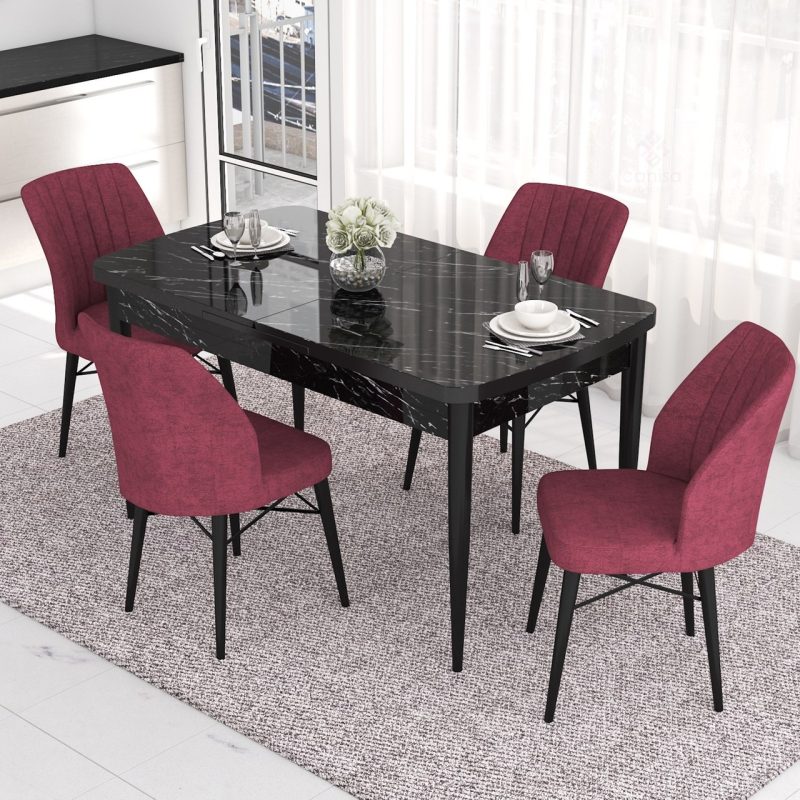 Canisa Concept Eva Serisi Mutfak Masa Takımı, Açılabilir 80X132 Mdf  Mermer Desen Masa ve 4 Sandalye