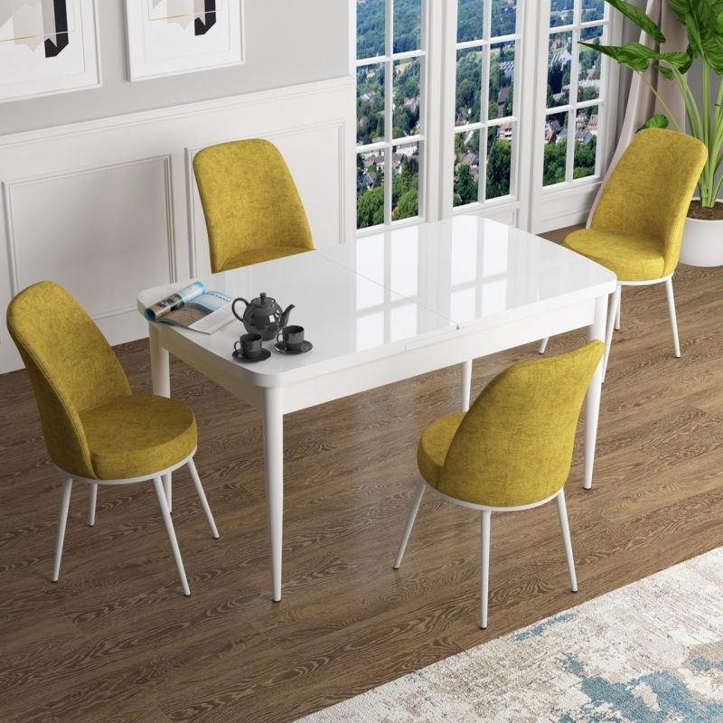Canisa Concept Han Serisi 70X114, Açılabilir Mdf Mutfak Masa Takımı, Beyaz Masa ve 4 Sandalye