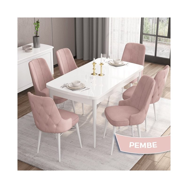 Canisa Concept Iza Serisi 80 x 132 cm Açılabilir Mdf Masa Beyaz Mutfak Masa Takımı 6 Sandalye