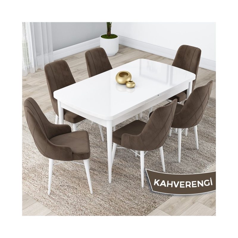 Canisa Concept Kar Serisi, 80X132 Açılabilir Mdf Mutfak Masa Takımı, Beyaz Masa 6 Sandalye