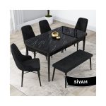 Canisa Concept Kar Serisi, Mdf 80X132 Açılabilir Masa Takımı, Siyah Mermer Desen Masa, 4 Sandalye 1 Bench
