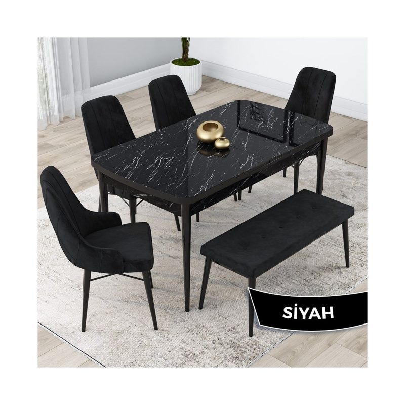 Canisa Concept Kar Serisi, Mdf 80X132 Açılabilir Masa Takımı, Siyah Mermer Desen Masa, 4 Sandalye 1 Bench