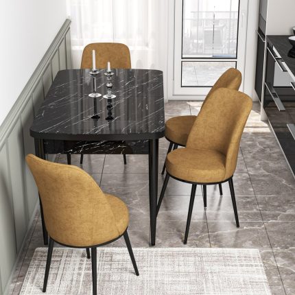 Canisa Concept Kor Serisi, 70X114 Açılabilir Mutfak Masa Takımı,  Mermer Masa ve 4 Sandalye