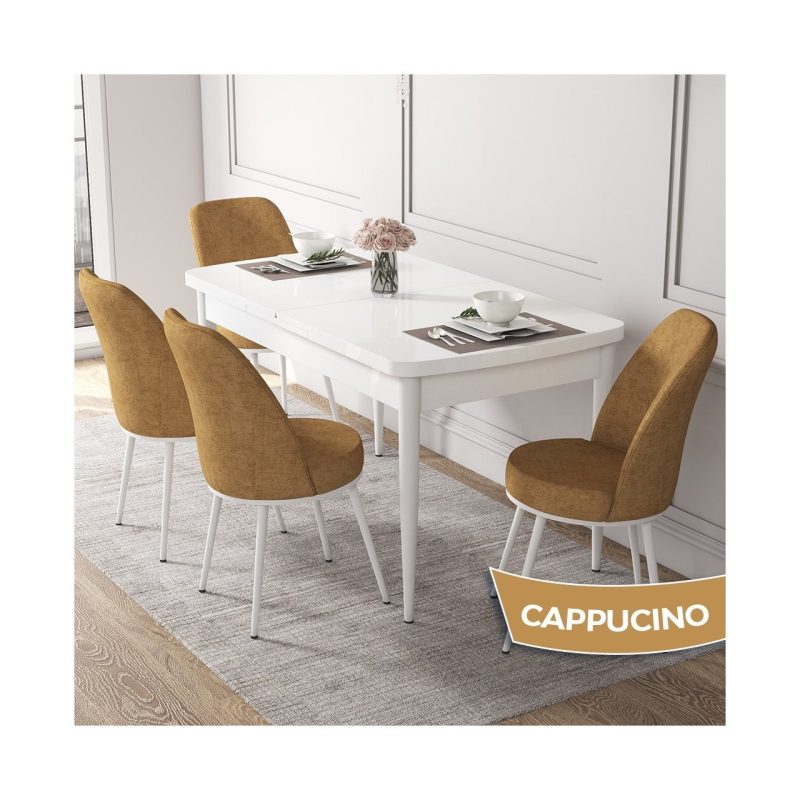 Canisa Concept Kor  Serisi, Beyaz 70X114 Açılabilir Mutfak Masa Takımı, 4 Sandalye