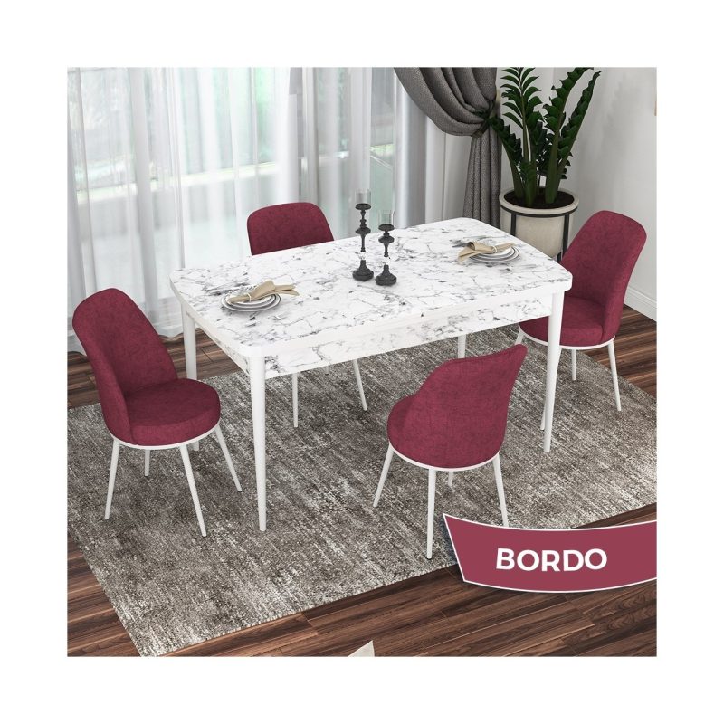 Canisa Concept Kor Serisi, Beyaz Mermer Desen 70X114 Açılabilir Mutfak Masası Takımı, 4 Sandalye