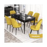 Canisa Concept Kor Serisi, Siyah Mermer Desen 70X114 Açılabilir Mutfak Masa Takımı, 6 Sandalye