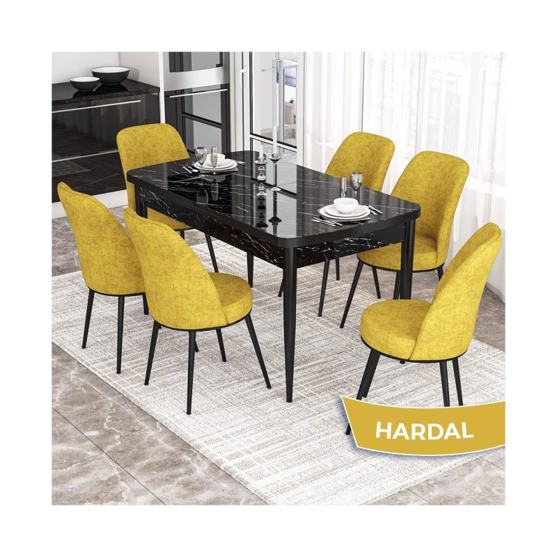 Canisa Concept Kor Serisi, Siyah Mermer Desen 70X114 Açılabilir Mutfak Masa Takımı, 6 Sandalye