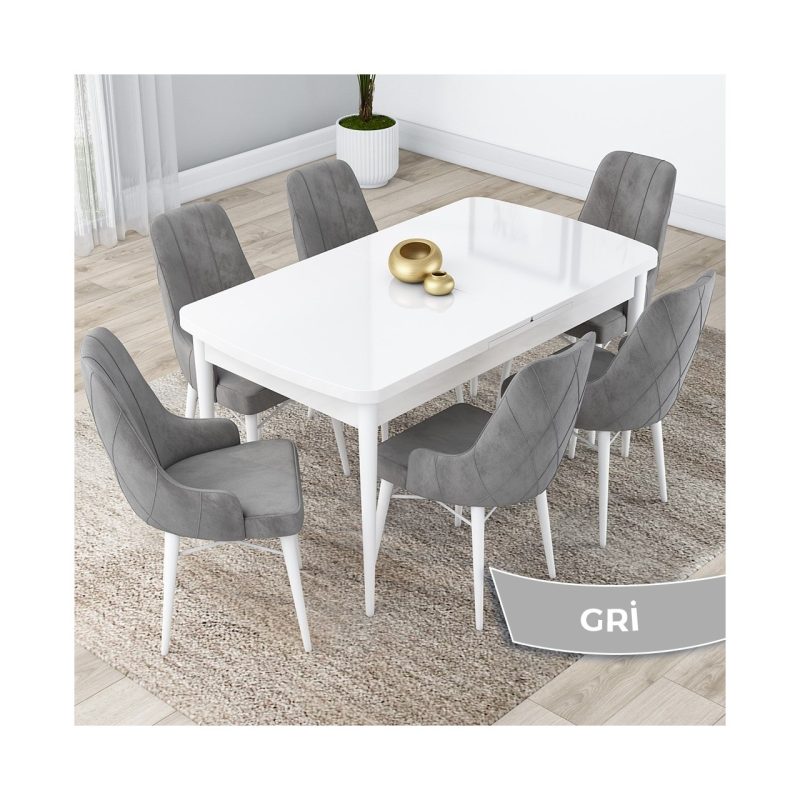 Canisa Concept Lia Serisi, 80 x 132 cm Açılabilir Mutfak Masa Takımı, Beyaz Masa 6 Sandalye