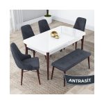 Canisa Concept Lia Serisi 80 x 132 cm Mutfak Masa Takımı Beyaz Masa Ceviz Ayak 4 Sandalye ve 1 Bench
