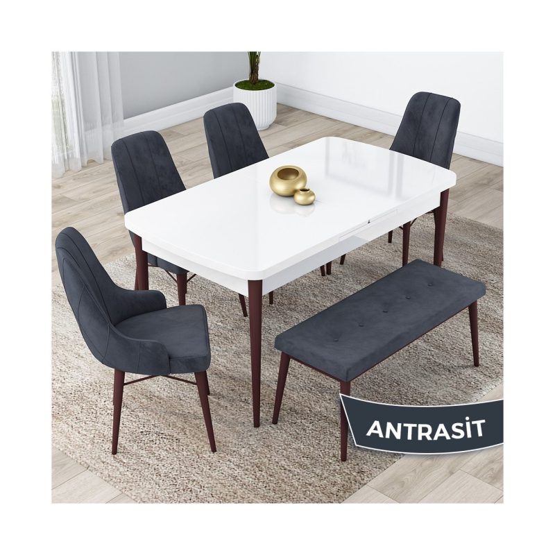 Canisa Concept Lia Serisi 80 x 132 cm Mutfak Masa Takımı Beyaz Masa Ceviz Ayak 4 Sandalye ve 1 Bench