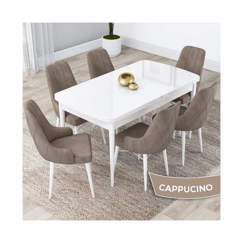 Canisa Concept Lia Serisi Beyaz Açılabilir 80 x 132 cm  Yemek Masası Takımı 6 Sandalye