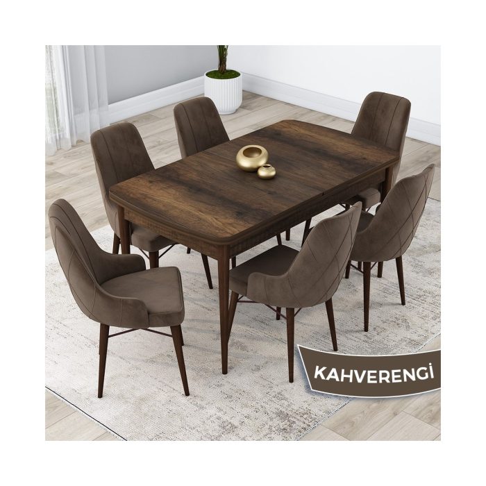 Canisa Concept Lia Serisi,80 x 132 cm Açılabilir Mutfak Masa Takımı, Barok Ahşap Desen Masa 6 Sandalye