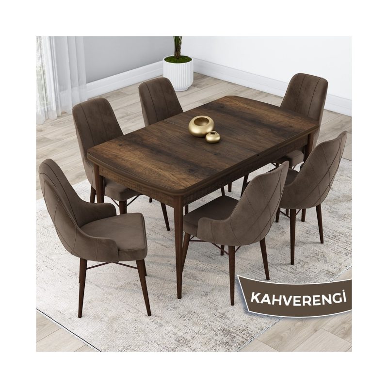 Canisa Concept Lia Serisi,80 x 132 cm Açılabilir Mutfak Masa Takımı, Barok Ahşap Desen Masa 6 Sandalye