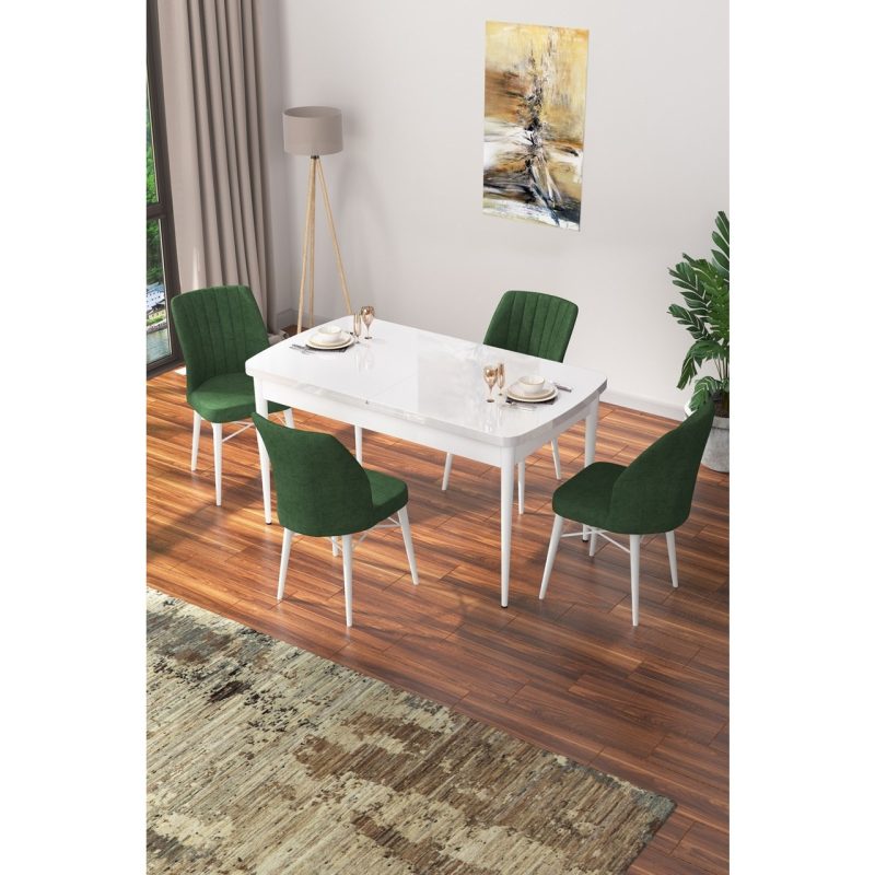 Canisa Concept Nef Serisi 70 x 114 Cm, Açılabilir Mdf Mutfak Masa Takımı, Beyaz Masa ve 4 Sandalye