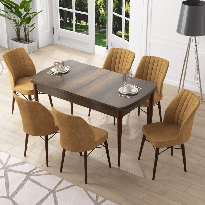 Canisa Concept Nef Serisi 70X114, Açılabilir Mdf Mutfak Masa Takımı, Barok Ahşap Desen Masa ve 6 Sandalye