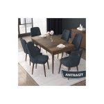 Canisa Concept Nex Serisi, Barok Ahşap Desen 80 x 132 cm Mdf Mutfak Masası Takımı Metal Iskelet, 6 Sandalye Gold Halka