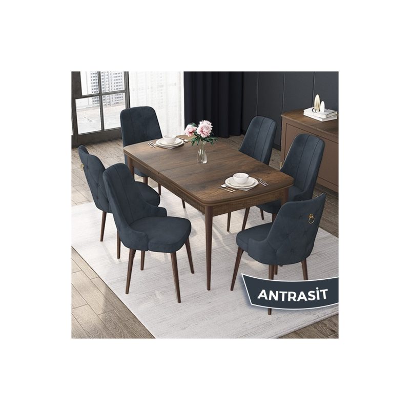 Canisa Concept Nex Serisi, Barok Ahşap Desen 80 x 132 cm Mdf Mutfak Masası Takımı Metal Iskelet, 6 Sandalye Gold Halka
