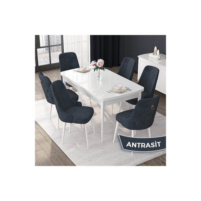 Canisa Concept Nex Serisi, Beyaz 80 x 132 cm Mdf Mutfak Masası Takımı Metal Iskelet, 6 Sandalye Gold Halka